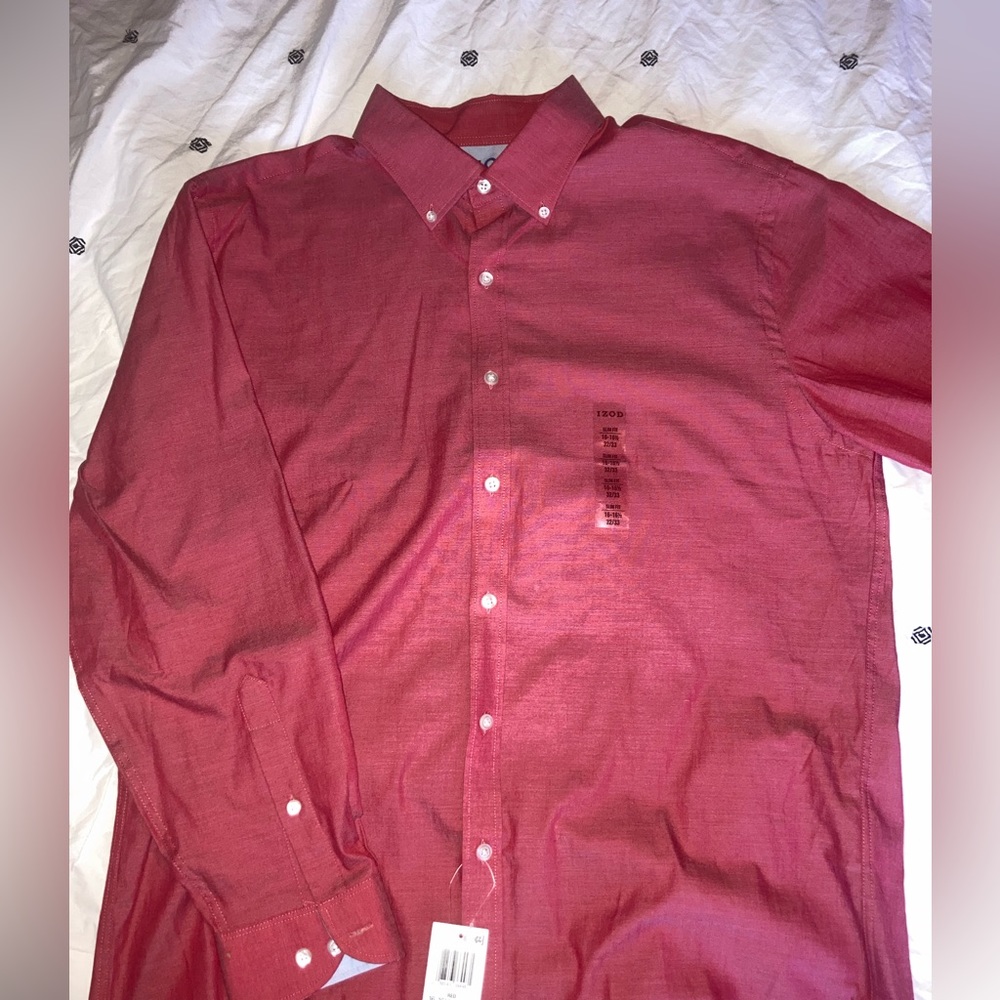 IZOD Men's Long Sleeve Slim Fit Button Down Red Shirt Size Large *Brand New